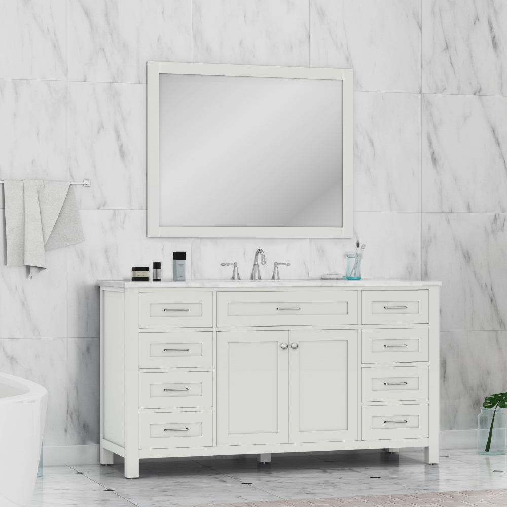 Alya Bath Norwalk 60 inch Bathroom Vanity in White with Carrera Marble Top
