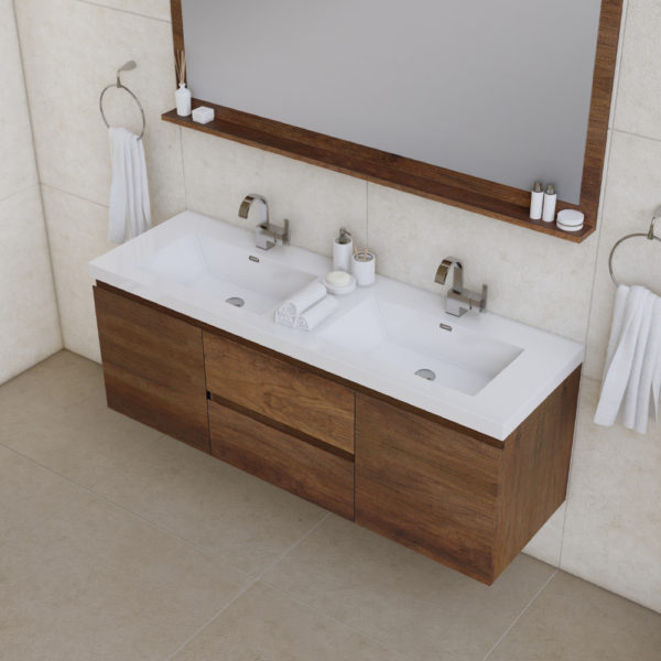 Alya Bath Paterno 60 inch Double Wall Mounted Bathroom Vanity, Rosewood