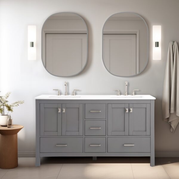 Vanea 60" Double Bathroom Vanity in Gray with White Quartz Top